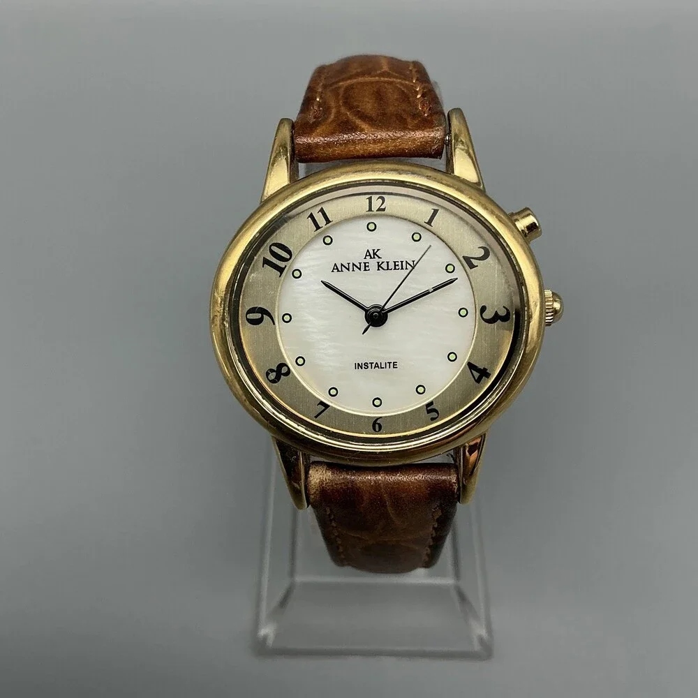 Anne Klein Instalite Womens Watch 30mm MOP Dial Brown Leather Backlight New Batt